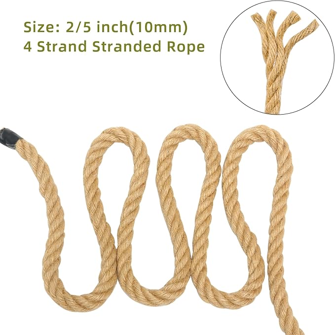 Jute Rope 2/5 Inch 100 Feet Hemp Rope for Deer, Heavy Duty, Twisted, Natural, Tug of War, for Crafts, Home Decorating Gardening Bundling