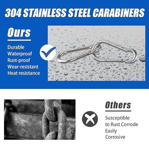 Small Carabiner Clip Hooks, 10pcs 2.36 inch Carabiners Heavy Duty, 304 Stainless Steel Spring Snap Hook Fits Camping Hiking, Metal Clips for Rope Chain Keys Rings