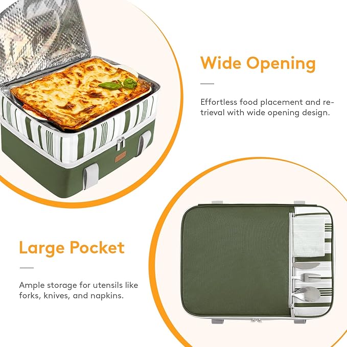 Double Decker Insulated Casserole Carrier for Hot or Cold Food, Lasagna Holder Tote for Potluck Parties/Picnic/Cookouts, Fits 9"x13" Baking Dish, Dark Green