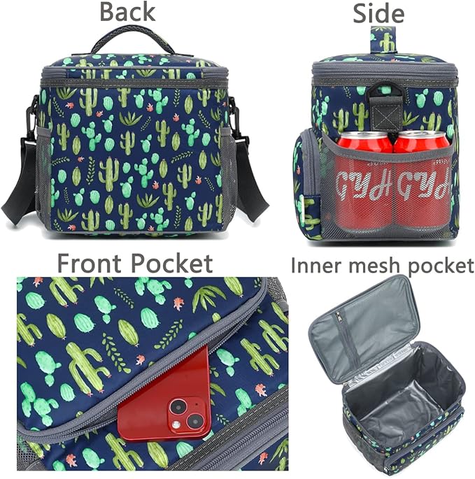 Insulated Reusable Lunch Bag Adult Large Lunch Box for Women and Men with Adjustable Shoulder Strap,Front Zipper Pocket and Dual Large Mesh Side Pockets,Cactus