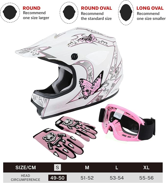 TCT-MOTORPARTS DOT Youth Kids Girls Motocross ATV Four Wheeler Helmets Offroad Street Dirt Bike Go-Kart BMX MX Full Face Helmet Pink Butterfly Samll Size