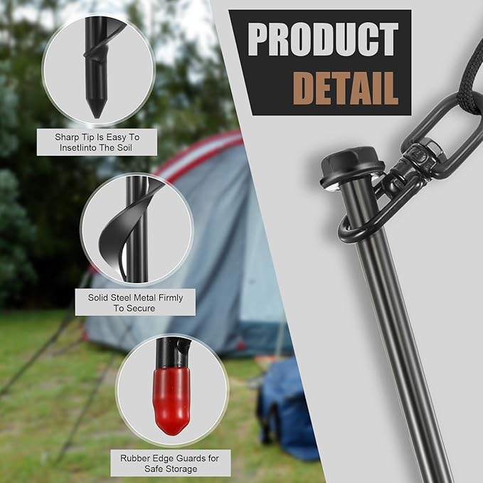 Reginary 24 Pcs Ground Anchors Screw in Tent Stakes Heavy Duty Trampoline Anchors High Wind for Camping Canopy Carport Sheds Beach Sand Stakes Metal Swing Set (Black)