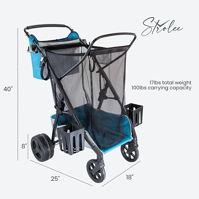 Large Wheeled Collapsible Beach Cart for Soft Sand, Shopping, Camping & Garden- Lightweight Aluminum Frame- Removable Storage Bag with Carrying Straps, X-L Capacity & Cooler Rack (Blue)