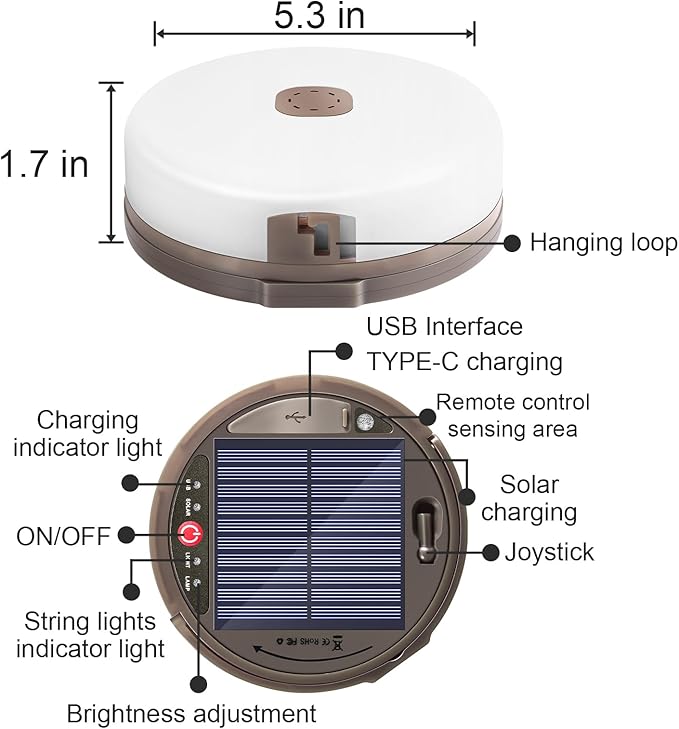 Camping String Light 4 in 1 Quick Storage 42ft Solar /USB Rechargeable 3600mAh Waterproof Hanging Outdoor Camping Lantern with 8 Lighting Modes, Portable Tent Lights for Hiking, Yard, RV (Warm Light)