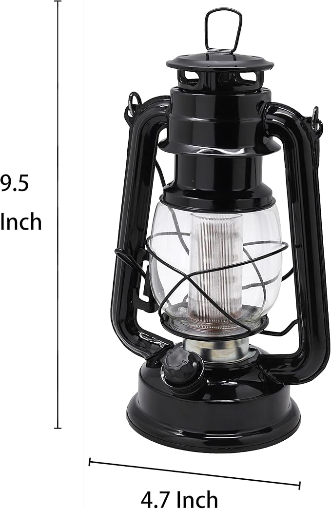 YAKii LED Vintage Metal Hanging Hurricane Lantern - 12 LED Dimmer Switch, Cold White, Battery Operated for Power Outage, Indoor Camping, Outdoor Brooklyn Lighting (Black 2 Pack)