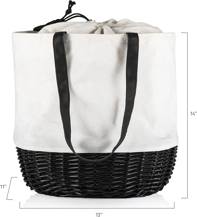PICNIC TIME Coronado Canvas and Willow Basket Tote, Picnic Tote Bag, Beach Tote