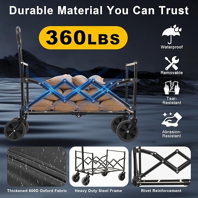 Heavy Duty Collapsible Wagon Cart, 360LBS 100L Foldable Utility Cart with Durable Wheels & Adjustable Handle, Portable Folding Wagon for Groceries, Camping, Sports, Beach, Garden, Shopping