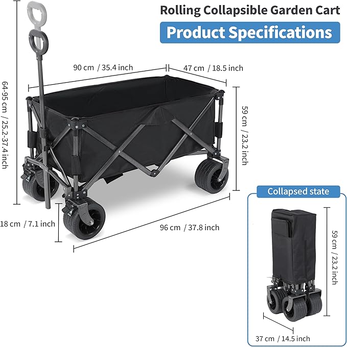 Beach Cart with 7 inch All-Terrain Wheels, Wagons Carts Heavy Duty Foldable, Utility Grocery Wagon with Side Pocket for Camping Garden Sports
