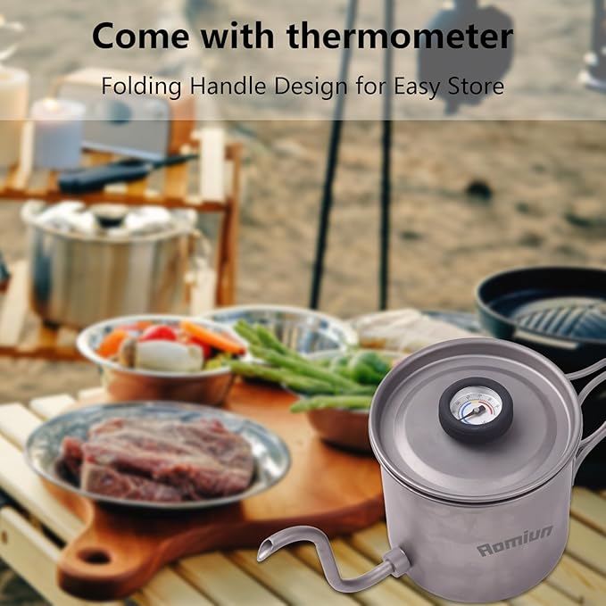 Titanium Gooseneck Kettle with Thermometer, 13.5oz Pour Over Camping Kettle Coffee Tea Pot with Removable Spout & Folding Handle, Lightweight Portable Camping Kettles for Backpacking