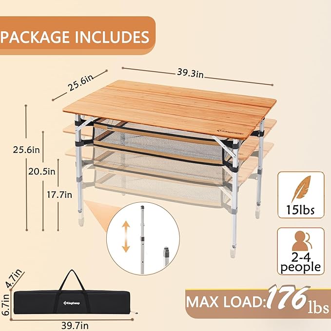 KingCamp Lightweight Stable Bamboo Folding Camping Table Bamboo Outdoor Folding Tables Adjustable Height Portable Picnic