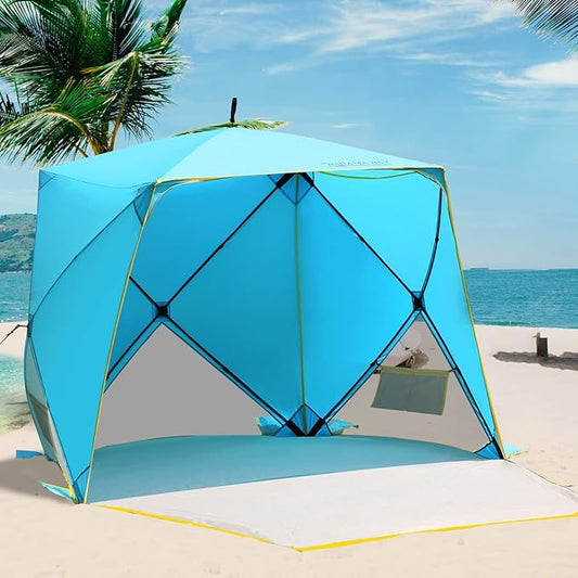 Pop Up Beach Tent, Portable Shade Sun Shelter UPF50+ UV Protection for 4 Person Extendable Floor for Fishing Hiking Camping, Waterproof Windproof(Blue)