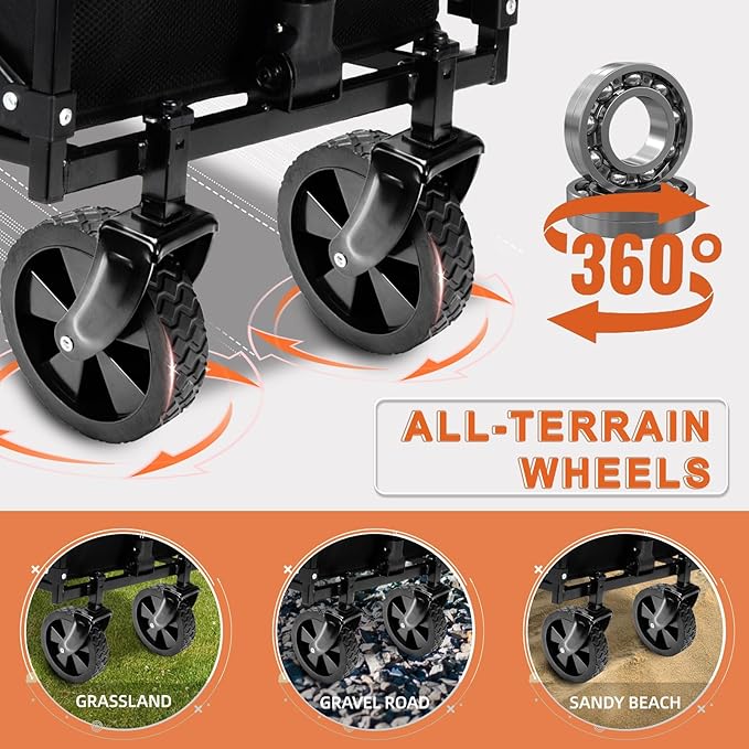 Collapsible Folding Wagon, 350lb Weight Capacity Collapsible Wagon with All-Terrain Wheels, Cup Holders and Adjustable Handle Utility Wagons, for Grocery Camping Garden Sports Shopping, Black