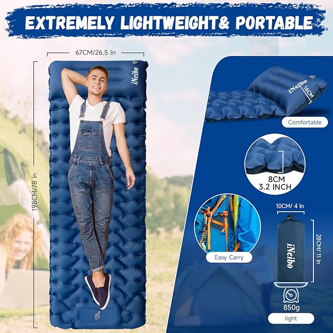 iNeibo Sleeping Pad for Camping - Inflatable Sleeping Pad with Pillow Built-in Foot Pump Compact Camping Air Mattress for Hiking Camping Backpacking Tent Car Traveling (Blue, Single)