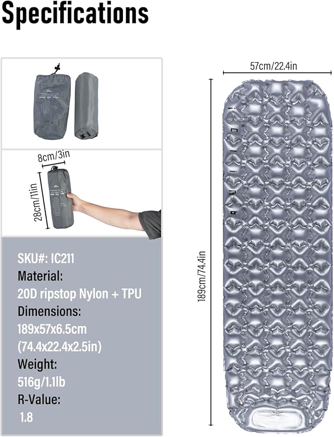 iClimb Ultralight Compact Sleeping Pad with Built-in Pump Inflatable Portable Air Mattress for Camping Backpacking Hiking (Silver)