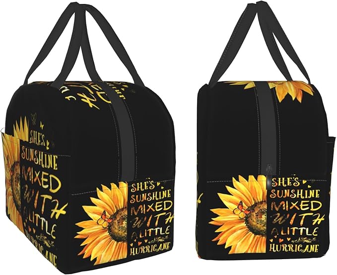 Giwawa Sunflower Insulated Lunch Bag for Girls Women, Sunshine Yellow Floral Inspirational Thermal Lunch Box with Front Pocket Reusable Meal Cooler Tote Bag for Kids Teens College Office