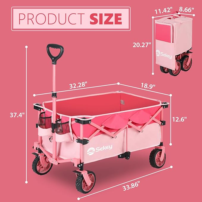 Sekey 330lbs Collapsible Foldable Wagon with Weight Capacity, Heavy Duty Folding Wagon Cart with Big All-Terrain Wheels & Drink Holders. Barbie Pink