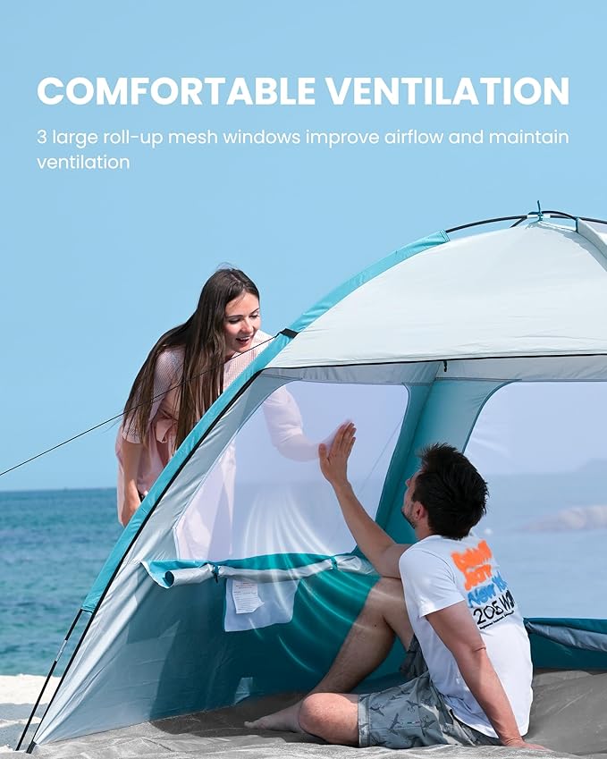 OutdoorMaster Beach Tent for 3/4 Person - Easy Setup Sun Shade Shelter, Portable Beach Shade Sun Canopy with UPF 50+ UV Protection, Removable Skylight Family Size