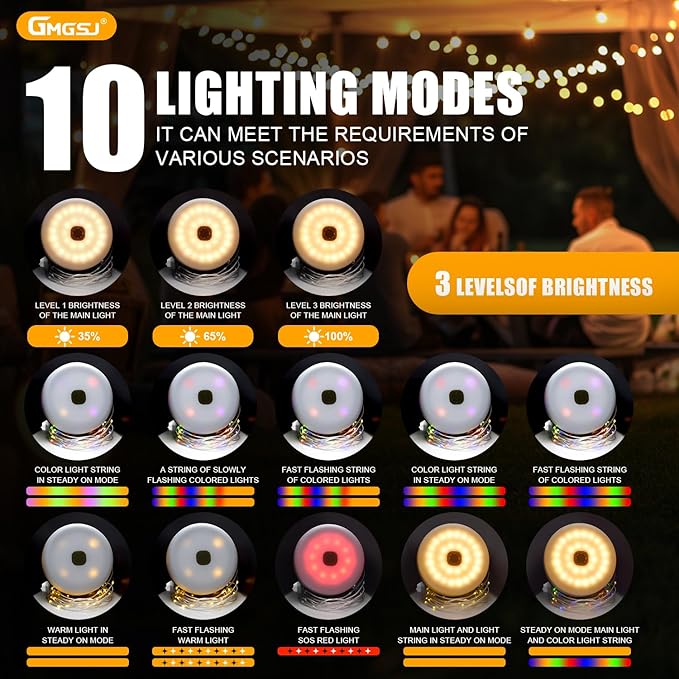Solar Camping String Lights,40.45FT Fairy String Lights with 10 Lighting Modes,Portable Waterproof Camping Lamp with Remote Control,Solar Power and USB Rechargeable Camping Lights for Yard Hiking