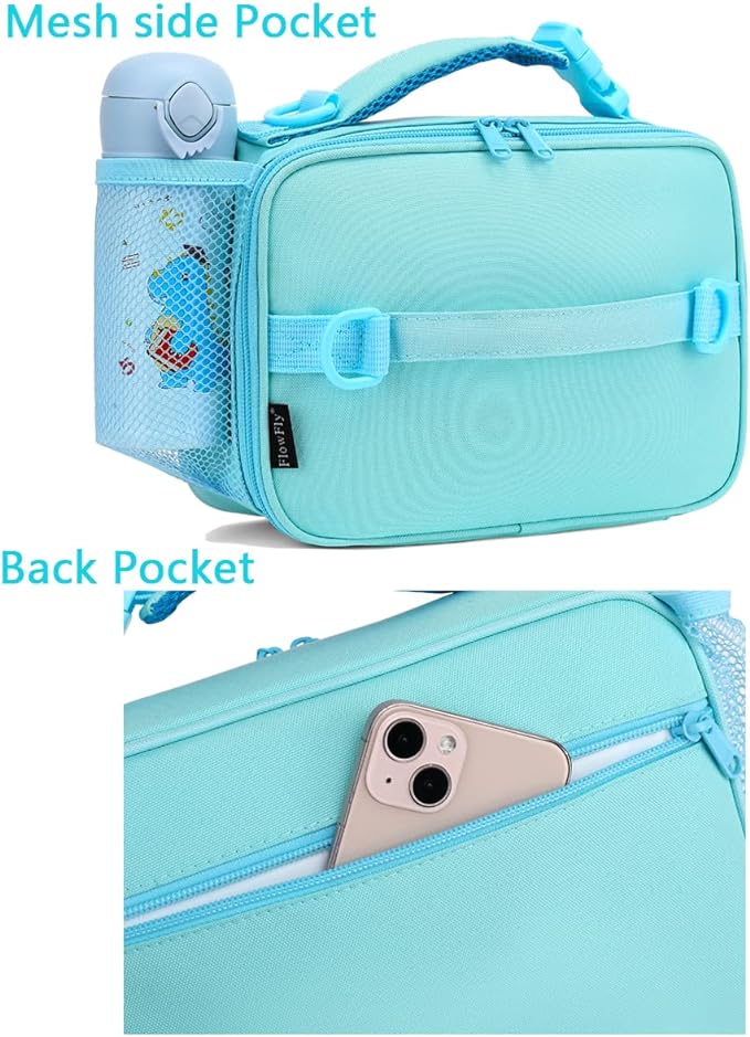 FlowFly Kids Lunch Bag, Durable Insulated School Lunch Box with Shoulder Strap and Bottle Holder, Water-resistant Thermal Small Lunch Cooler Tote for Teen Boys & Girls,Light Blue