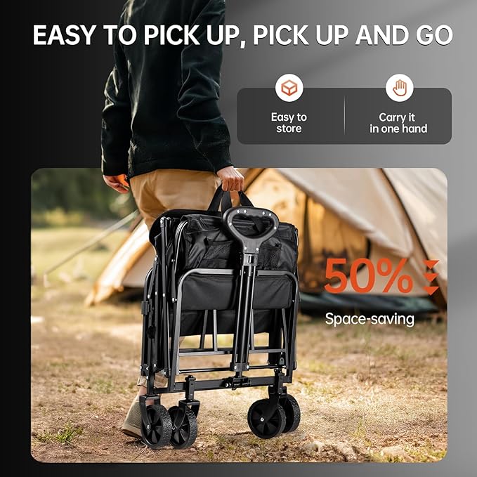 Collapsible Wagon Cart Foldable with All-Terrain Wheels, Foldable Wagon with Flexible Handle, Portable Folding Utility Grocery Shopping Cart for Grocery Sports Garden Camping