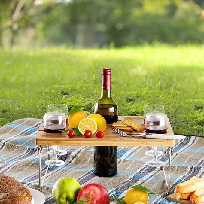 INNO STAGE Portable Picnic Table with Wine Glass and Bottle Holder, Folding Bamboo Snacks Tray Outdoor Living Camping Beach Party Accessories for 1-4 Persons