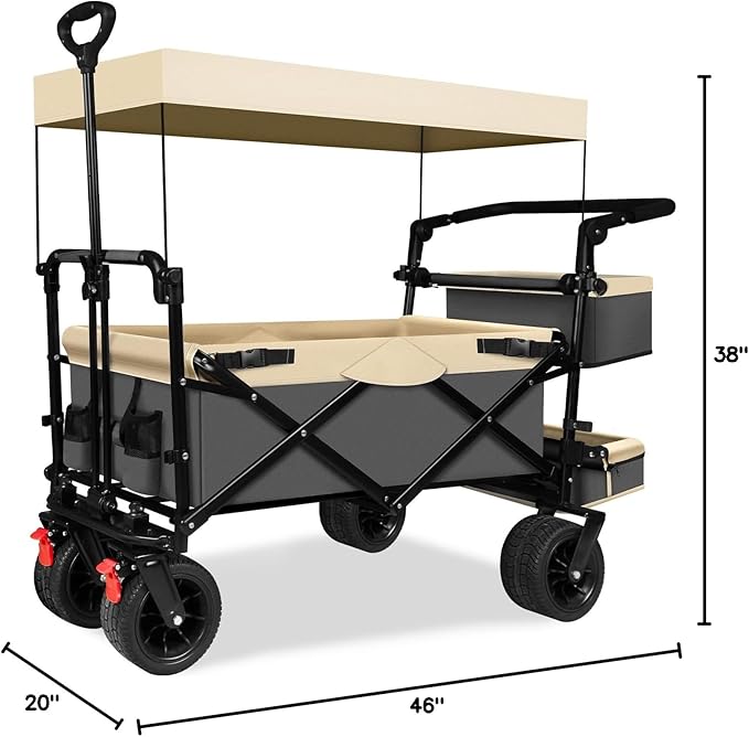 TAIFA Collapsible Foldable Wagon Cart with Removable Canopy, Push Pull Utility Beach Wagon with Big Wheels and Brakes for Sand Shopping Camping Outdoors, Beige1