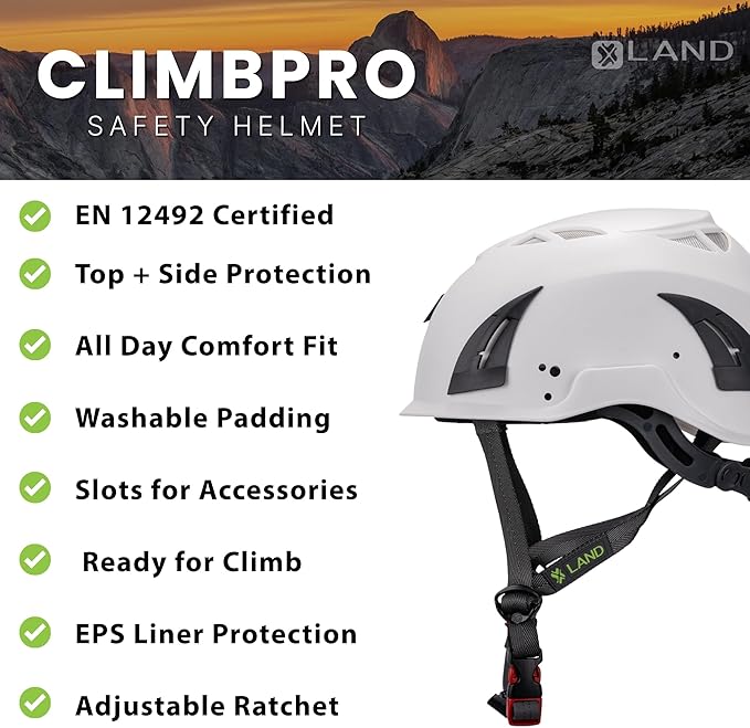 Land Helmets ClimbPro Helmet EN 12492 Vented for Rock Climbing – Durable, Lightweight Shell, Adjustable Chin Strap, Perfect for Outdoor Adventure with Universal Accessory Slots