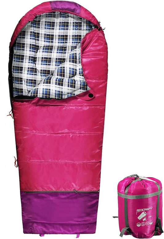 REDCAMP Kids Mummy Sleeping Bag for Camping, 3 Season Cold Weather Sleeping Bag Fit Boys,Girls & Teens, Blue/Rose Red
