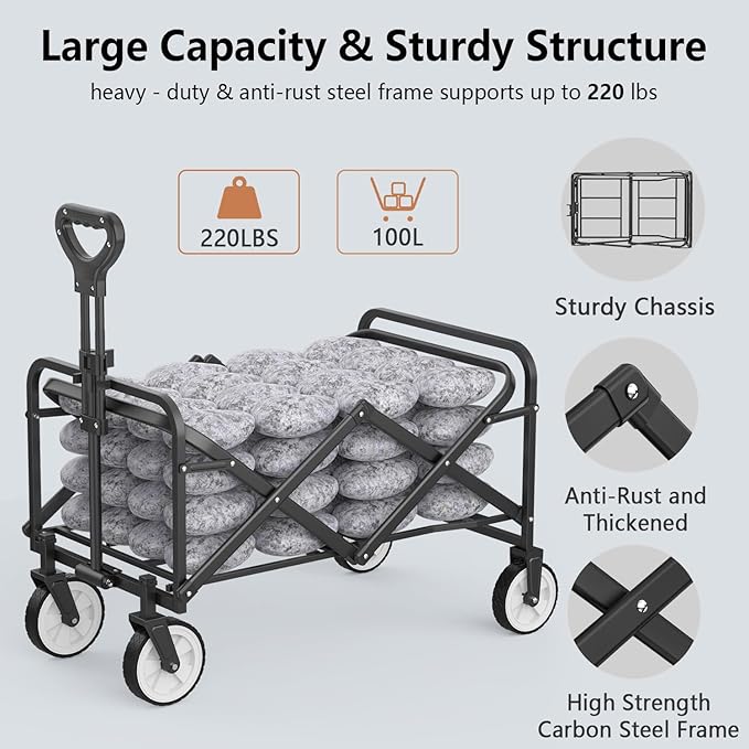 LUBBYGIM Collapsible Folding Wagon with Large Capacity, Utility Wagon Cart Heavy Duty Foldable, Portable Garden Cart for Beach Camping Shopping Sports (Black, 1 Year Warranty)