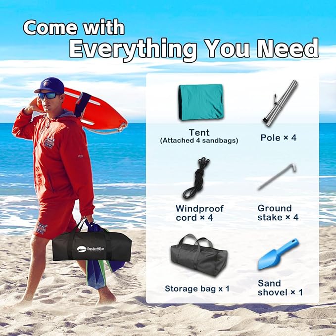 Beach Shade Tent, Portable Easy Pop Up Beach Canopy, UPF50+ Sun Protection Shelter, Windproof & Water Resistant, Perfect for Family