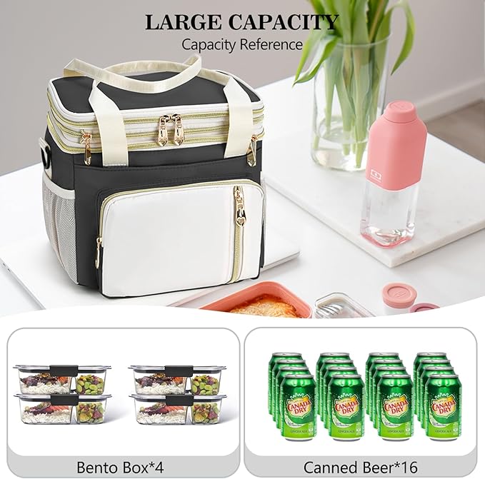 LOKASS Lunch Box for Men/Women-16L-Insulated Lunch Bag, Expandable Double-Layer Leakproof Cooler Bag with Upgrade Adjustable Shoulder Strap Ideal for Work/Travel/Picnics（Black&White）