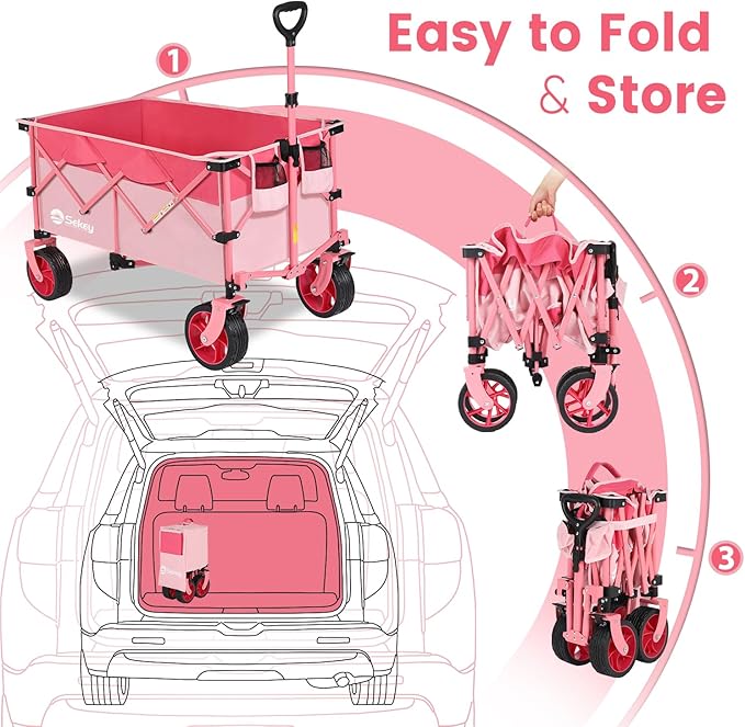 Sekey 330lbs Collapsible Foldable Wagon with Large Capacity, Heavy Duty Folding Utility Garden Cart with Big All-Terrain Beach Wheels & Drink Holders. Barbie Pink