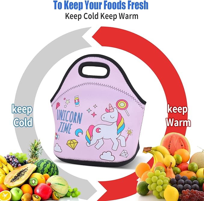 Violet Mist Unicorn Pink Neoprene Lunch Bag Cute Insulated Reusable Lunch Box Thermal Lunch Bags Tote Waterproof Thick Lunch Handbag with Zipper Thanksgiving Christmas Gifts Work Picnic