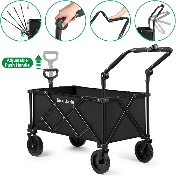 BEAU JARDIN Collapsible Folding Push Pull Wagon Cart 330lbs Heavy Duty 150L Foldable Garden Cart with All Terrain Wheels Portable Utility Wagon Cart for Camping Fishing Sports Shopping Black