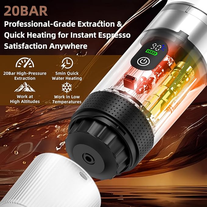 Portable Coffee Maker for Travel & Camping, Portable Espresso Maker for Travel, Rechargeable Cordless Battery Operated Coffee Makers for Ground Coffee, NS Capsule RV, Hiking, Office(White)