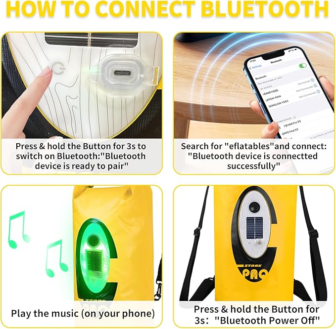 Solar Dry Bag Backpack 10L,Built-in Bluetooth Speaker & LED(4 Lighting Modes),Solar or USB Rechargeable,IP66 Waterproof Floating