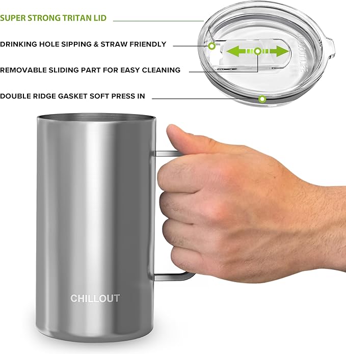 CHILLOUT LIFE Stainless Steel Vacuum Insulated Coffee Mug 16 oz (Set of 2) with Handle and Lid, Large Thermal Camping Coffee Mugs with Sliding Lid for Men & Women, Keeps Your Beverages Hot & Cold