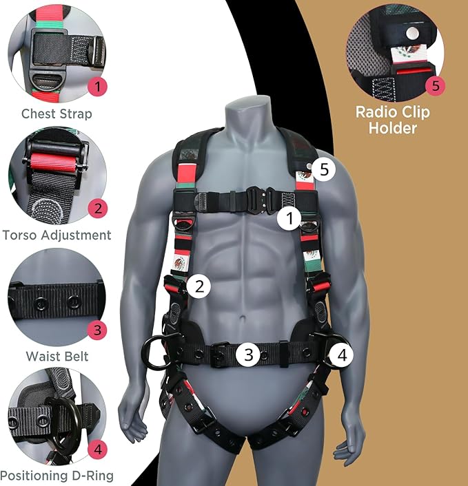 AFP Fall Protection Full-Body Premium Safety Harness, 8” Thick Support Belt, Aluminum D-Rings, Tongue Buckle (OSHA/ANSI PPE)