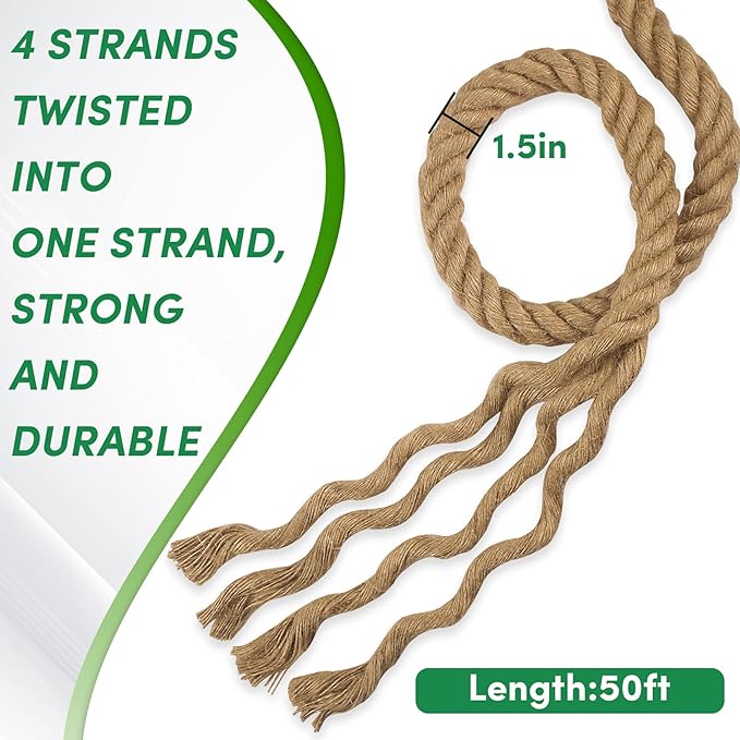 Manila Rope 1-1/2 Inch x 50ft - Natural Hemp Rope,Heavy Duty 4-Strand Twisted Ropes for Use for Hammock, Docks, Bundling, Home Decor, Crafts, Gardening (50 Feet, 1.5" Thick)