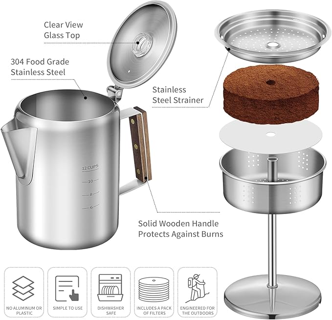 Coffee Percolator with 100pcs Coffee Filters - 12 Cups | Durable Stainless Steel Material Camping Coffee Pot| Brew Coffee On Fire, Grill or Stovetop | Ideal for Home, Camping
