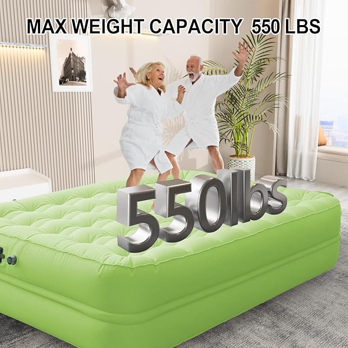 Queen Air Mattress with Built-in Battery Pump, All Luxury Cooling Pongee Fabric Material, Waterproof & Leakproof Air Mattress Queen, Portable Foldable Guest Bed (18", Green)