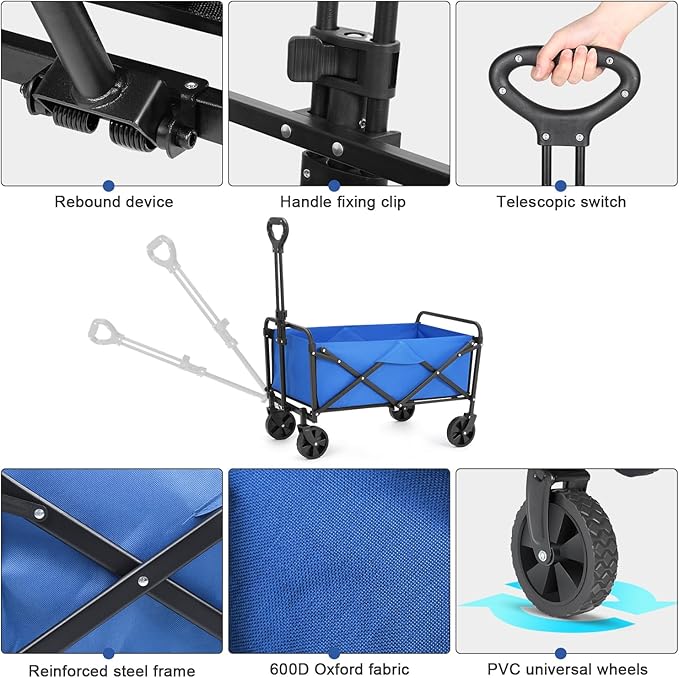 Collapsible Foldable Wagon,Wagons Carts Foldable with Wheels,Utility Grocery Folding Beach Wagon for Sand Garden Sports Shopping Outdoor(Lake Blue).