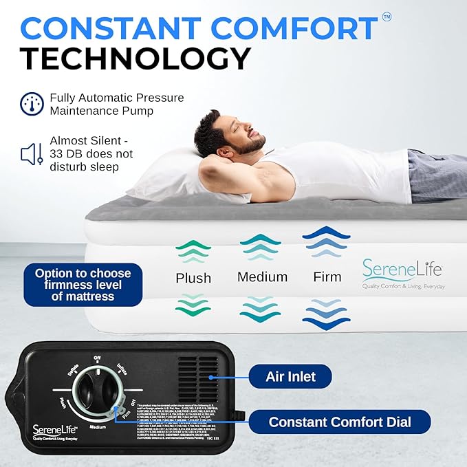 SereneLife Luxury Twin Size Air Mattress with Built-in High Speed Pump, Adjustable Firmness Levels, Strong Spine Support, 18" Inflatable Airbed for Home, Guests, Camping, and Travel