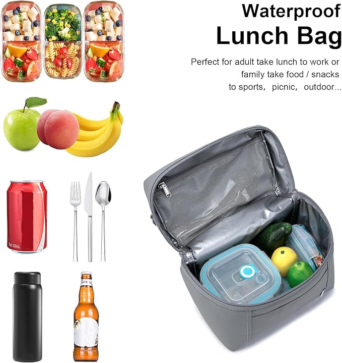 NOL Natural Organic Lifestyle Insulated Lunch Bags for Women Cooler Bag Lightweight Nylon Waterproof Lunch Box For Work (Small, Light gray)