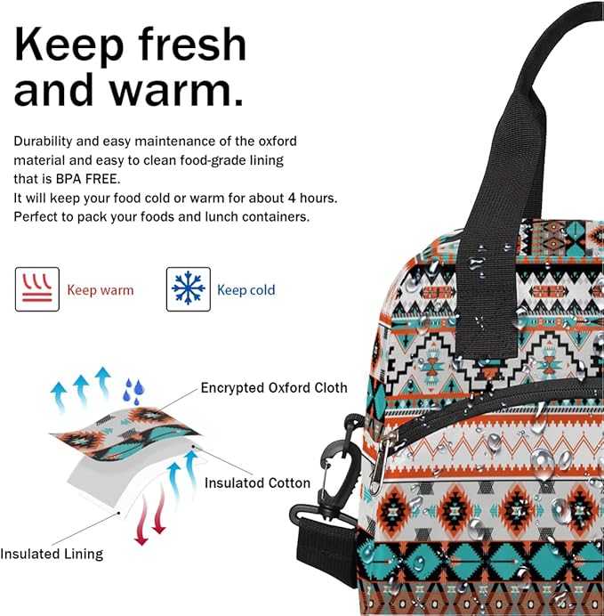 Western Style Insulated Lunch Bags for Women Men Adult Ethnic Aztec Geometric Reusable Lunch Tote Therma Cooler Bag with Shoulder Strap Lunch Box for School Work Office Picnic Meal Prep Bag