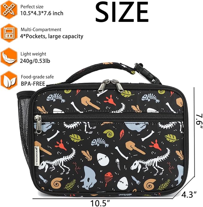 Insulated Lunch Box for School, Thermal Reusable Durable Freezable Lunch Bags for Kids Boys Girls Men Women - Small Soft Cooler Portable Lunch Tote Kit for Work Picnic Travel,Dinosaur Fossil
