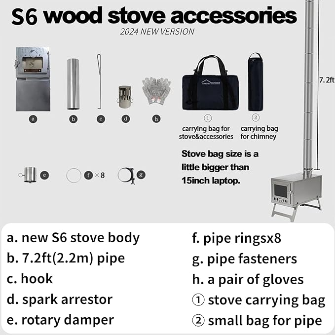 DANCHEL OUTDOOR S6/SSG Folding Camping Stove, 304 Stainless Steel Wood Burning Stove with 7.2ft Chimney, Portable Hot Tent Stove Solo Camping Survival Backpacking, Lightweight & Compact Design