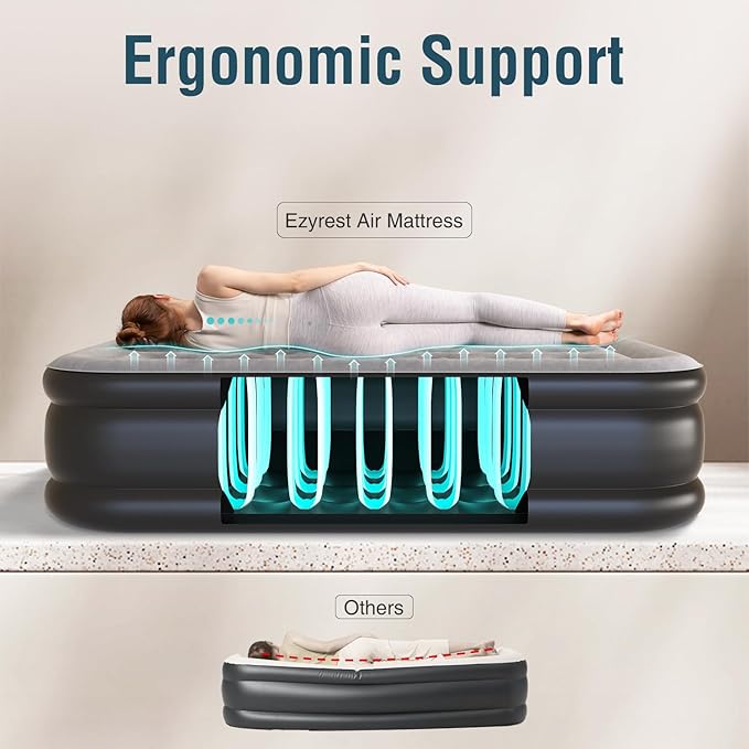 Twin Air Mattress Twin with Built in Pump 16" Double Height Inflatable Mattress with Soft Flocked Top & Carry Bag Adjustable Blow Up Mattress Portable Air Bed for Guest Indoor Travel-Black