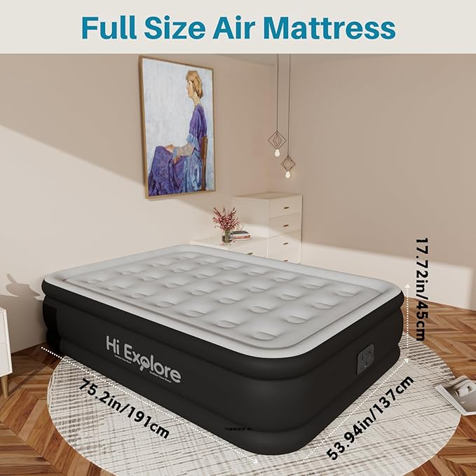 Air Mattress Full with Built in Pump Raised, with Comfortable Plush, Inflatable Blow Up Mattress, Portable Airbed for Home, Guests, Camping(Grey, 18” Height)