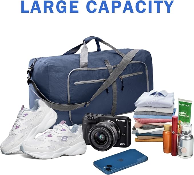 Dimayar Travel Duffle Bag for Men Women - Foldable Duffel Bag with Shoes Compartment - Overnight Bags Waterproof & Tear Resistant(65L,Dark Blue)